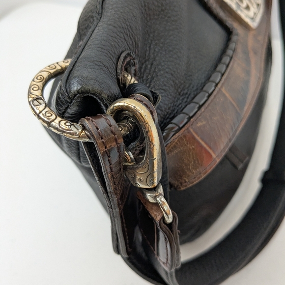 Vtg Brighton Purse Leather Black Embossed Croc Trim Shoulder Bag Fold Over - Picture 9 of 12